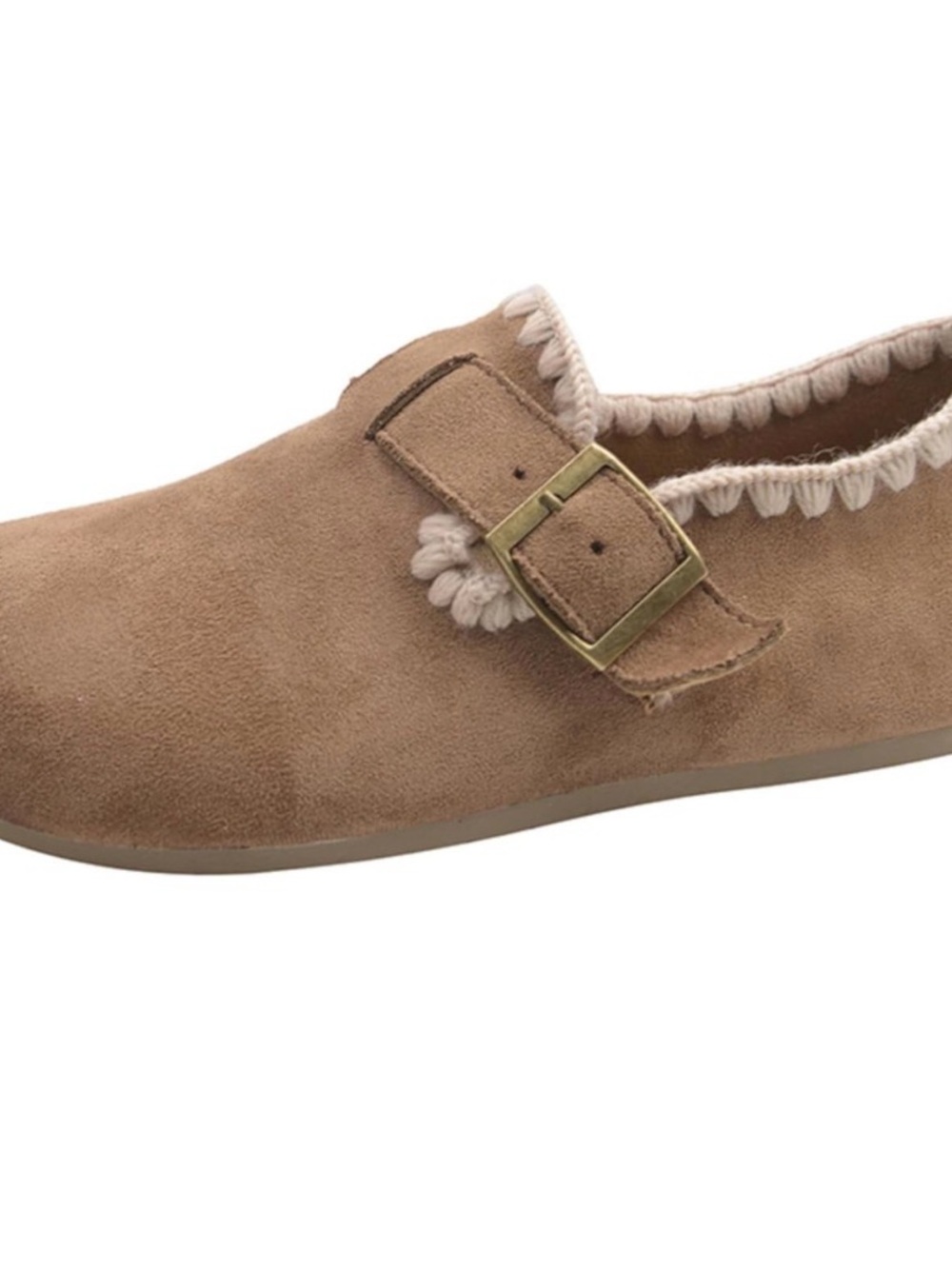 Girls' Tan Suede Buckle Slipper with Trim